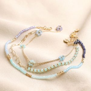 Anklets | Big Metal London Set of 3 Blue Beaded Anklets in Gold – Womens Anklets Anklets