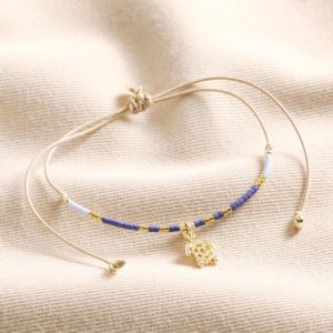 Anklets | Blue Miyuki Bead Turtle Charm Cord Anklet in Gold – Womens Anklets Anklets