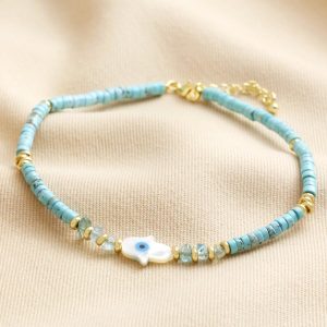 Anklets | Hamsa Hand Teal Heishi Beaded Anklet in Gold – Womens Anklets Anklets