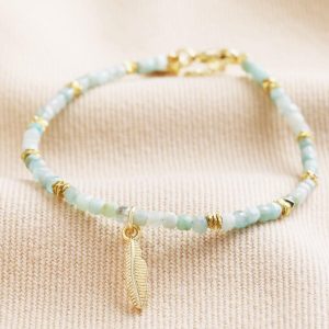 Bracelets | Amazonite Beaded Bracelet with Feather Charm in Gold – Womens Bracelets Bracelets