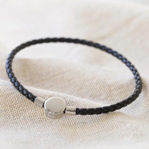 Bracelets | Black Leather Bracelet with Disc Clasp Black – Mens Bracelets Black