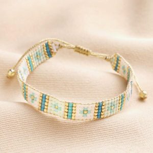 Bracelets | Blue Beaded Woven Cord Bracelet in Gold – Womens Bracelets Bracelets