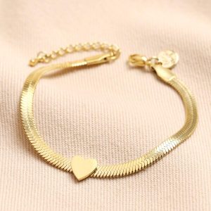 Bracelets | Gold Stainless Steel Heart Charm Herringbone Bracelet – Womens Bracelets Bracelets