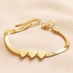 Bracelets | Gold Stainless Steel Three Heart Charm Herringbone Bracelet – Womens Bracelets Bracelets