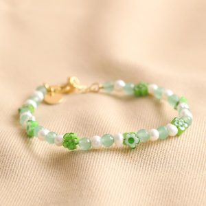 Bracelets | Green Millefiori Flower Beaded Bracelet in Gold – Womens Bracelets Bracelets