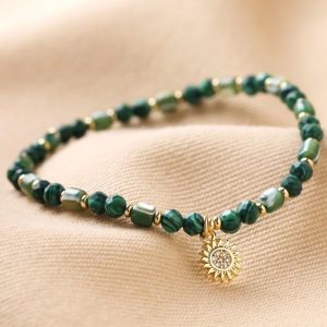 Bracelets | Green Semi-Precious Beaded Bracelet with Sun Charm in Gold – Womens Bracelets Bracelets