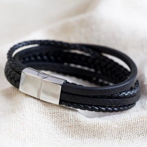 Bracelets | Layered Leather Straps Bracelet in Black Black – Mens Bracelets Black