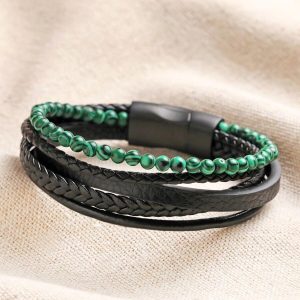 Bracelets | Malachite Bead and Leather Layered Bracelet in Black – Mens Bracelets Bracelets