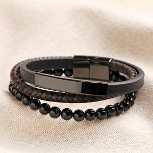 Bracelets | Onyx Bead and Leather Triple Layered Bracelet – Mens Bracelets Bracelets