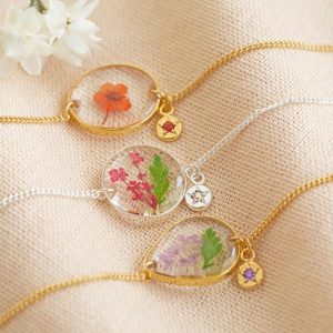 Bracelets | Pressed Birth Flower Charm Bracelet with Birthstone Charm – Womens Bracelets Bracelets