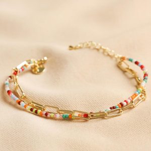 Bracelets | Rainbow Bead and Chain Layered Bracelet in Gold – Womens Bracelets Bracelets