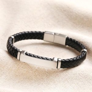 Bracelets | Stainless Steel Feature Braided Leather Bracelet in Black – Mens Bracelets Bracelets