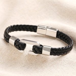 Bracelets | Stainless Steel Hook Feature Leather Bracelet in Black – Mens Bracelets Bracelets