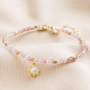 Bracelets | Strawberry Quartz Beaded Bracelet with Daisy Charm in Gold – Womens Bracelets Bracelets