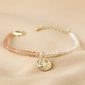 Bracelets | Talisman Moon Charm Pink and Pearl Beaded Bracelet in Gold – Womens Bracelets Bracelets