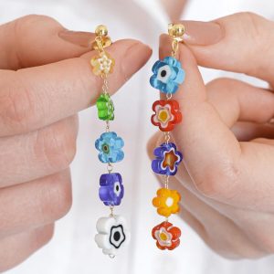 Earrings | Asymmetrical Millefiori Flower Bead Drop Earrings – Womens Earrings Earrings