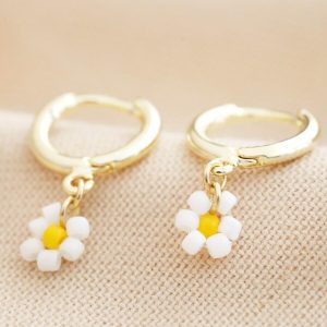 Earrings | Beaded Daisy Charm Huggie Hoop Earrings in Gold – Womens Earrings Earrings