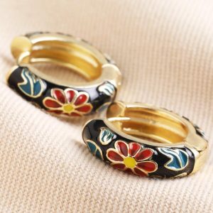 Earrings | Black Cloisonné Hoop Earrings in Gold – Womens Earrings Earrings