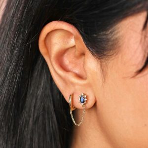 Earrings | Blue Crystal Stud Huggie and Chain Earring in Gold – Womens Earrings Earrings