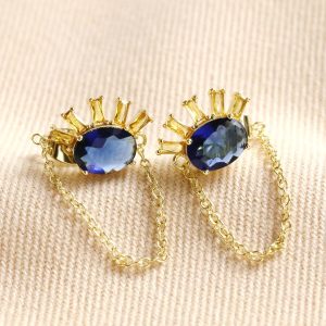 Earrings | Blue Crystal Sunburst and Chain Stud Earrings in Gold – Womens Earrings Earrings