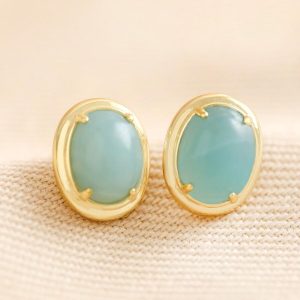 Earrings | Blue Oval Semi-Precious Stone Stud Earrings in Gold – Womens Earrings Earrings