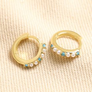 Earrings | Blue Stone and Pearl Huggie Hoop Earrings in Gold – Womens Earrings Earrings