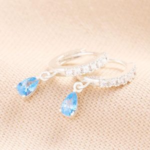 Earrings | Blue Teardrop Crystal Huggie Hoop Earrings in Silver – Womens Earrings Earrings