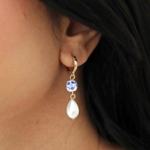 Earrings | Blue Willow and Pearl Drop Huggie Earrings in Gold – Womens Earrings Earrings