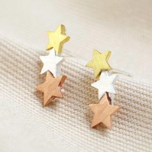 Earrings | Brushed Mixed Metal Triple Star Stud Earrings – Womens Earrings Earrings