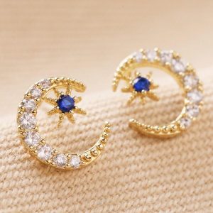 Earrings | Clear and Blue Crystal Moon Stud Earrings in Gold – Womens Earrings Earrings