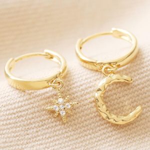 Earrings | Crescent Moon & Star Charm Huggie Hoop Earrings in Gold – Womens Earrings Earrings