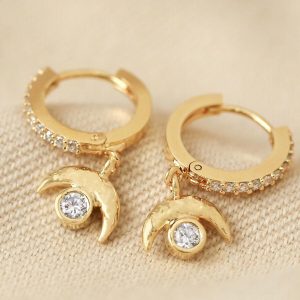 Earrings | Crystal Crescent Moon Huggie Hoop Earrings in Gold – Womens Earrings Earrings