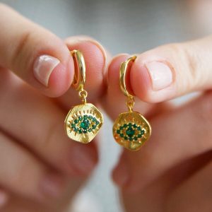 Earrings | Crystal Eye Charm Huggie Hoop Earrings in Gold – Womens Earrings Earrings