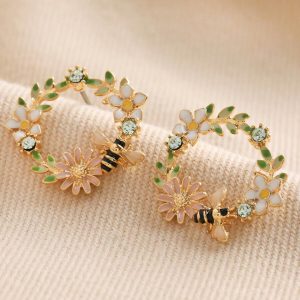 Earrings | Crystal Flower and Enamel Bee Stud Earrings in Gold – Womens Earrings Earrings