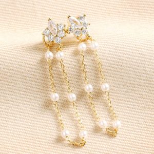 Earrings | Crystal Flower and Pearl Chain Drop Stud Earrings in Gold – Womens Earrings Earrings