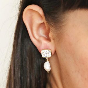 Earrings | Crystal Stud and Freshwater Pearl Drop Earrings in Gold – Womens Earrings Earrings