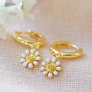 Earrings | Daisy Charm Huggie Hoop Earrings in Gold – Womens Earrings Earrings