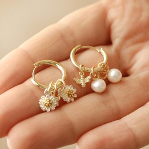 Earrings | Daisy, Pearl and Bee Charm Hoop Earrings in Gold – Womens Earrings Earrings