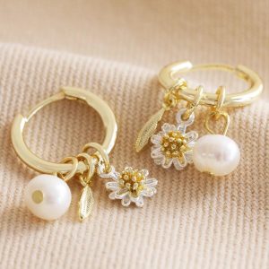 Earrings | Daisy, Pearl and Feather Charm Hoop Earrings in Gold – Womens Earrings Earrings