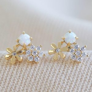 Earrings | Double Flower Stud Earrings with Opal in Gold – Womens Earrings Earrings