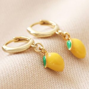 Earrings | Enamel Lemon Huggie Hoop Earrings in Gold – Womens Earrings Earrings