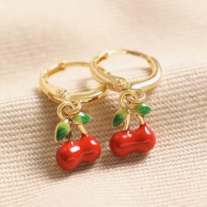 Earrings | Enamel Red Cherry Charm Huggie Hoop Earrings in Gold – Womens Earrings Earrings