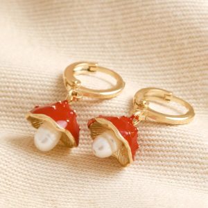 Earrings | Enamel Toadstool and Pearl Huggie Hoop Earrings in Gold – Womens Earrings Earrings