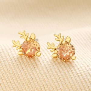 Earrings | Festive Champagne Crystal Reindeer Stud Earrings in Gold – Womens Earrings Earrings