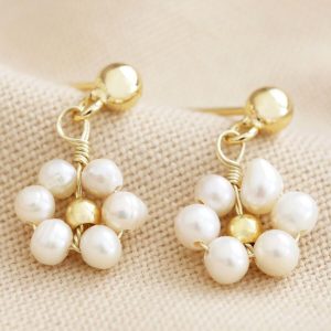 Earrings | Freshwater Pearl Daisy Drop Earrings in Gold – Womens Earrings Earrings