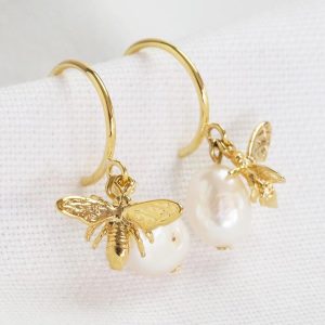 Earrings | Gold Bee Charm and Freshwater Pearl Hoop Earrings – Womens Earrings Earrings