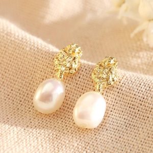 Earrings | Gold Organic Finish Pearl Drop Earrings – Womens Earrings Earrings