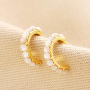 Earrings | Gold Sterling Silver Mother of Pearl Huggie Hoop Earrings – Womens Earrings Earrings