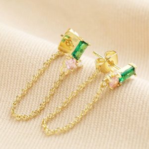 Earrings | Green and Pink Crystal Chain Stud Earrings in Gold – Womens Earrings Earrings