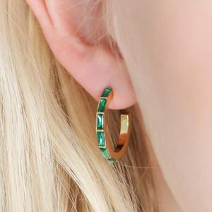 Earrings | Green Baguette Crystal Hoop Earrings in Gold – Womens Earrings Earrings